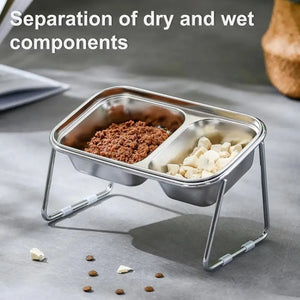 Stainless steel double bowl for cats and dogs on a stand