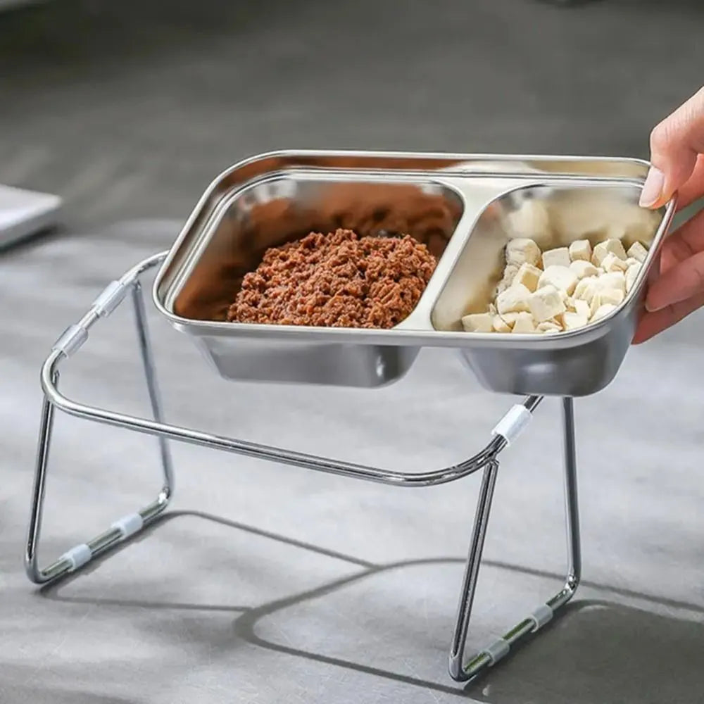 Stainless steel double bowl for cats and dogs on a stand