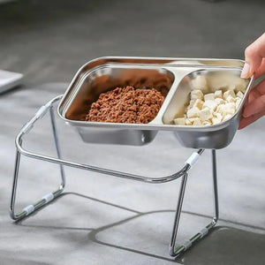 Stainless steel double bowl for cats and dogs on a stand