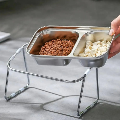 Stainless steel double bowl for cats and dogs on a stand