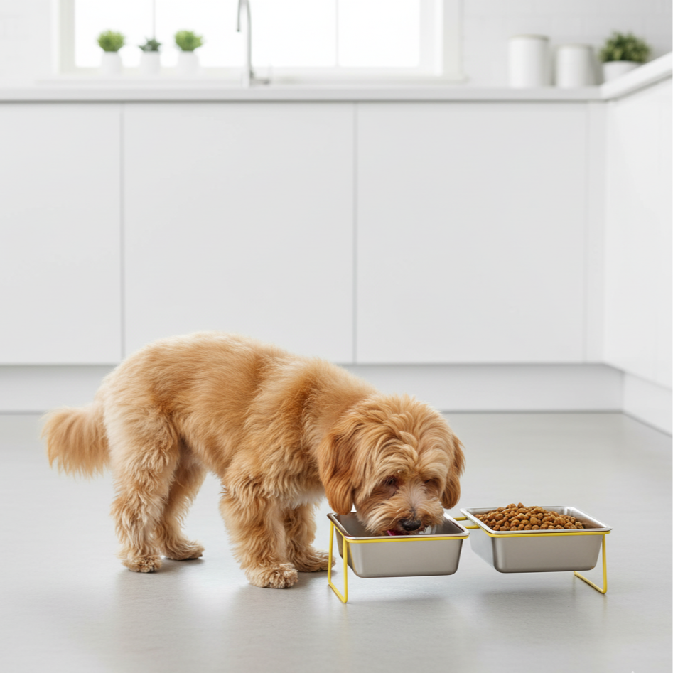 Stainless steel double bowl for cats and dogs on a stand