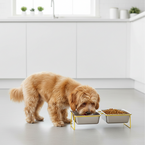 Stainless steel double bowl for cats and dogs on a stand