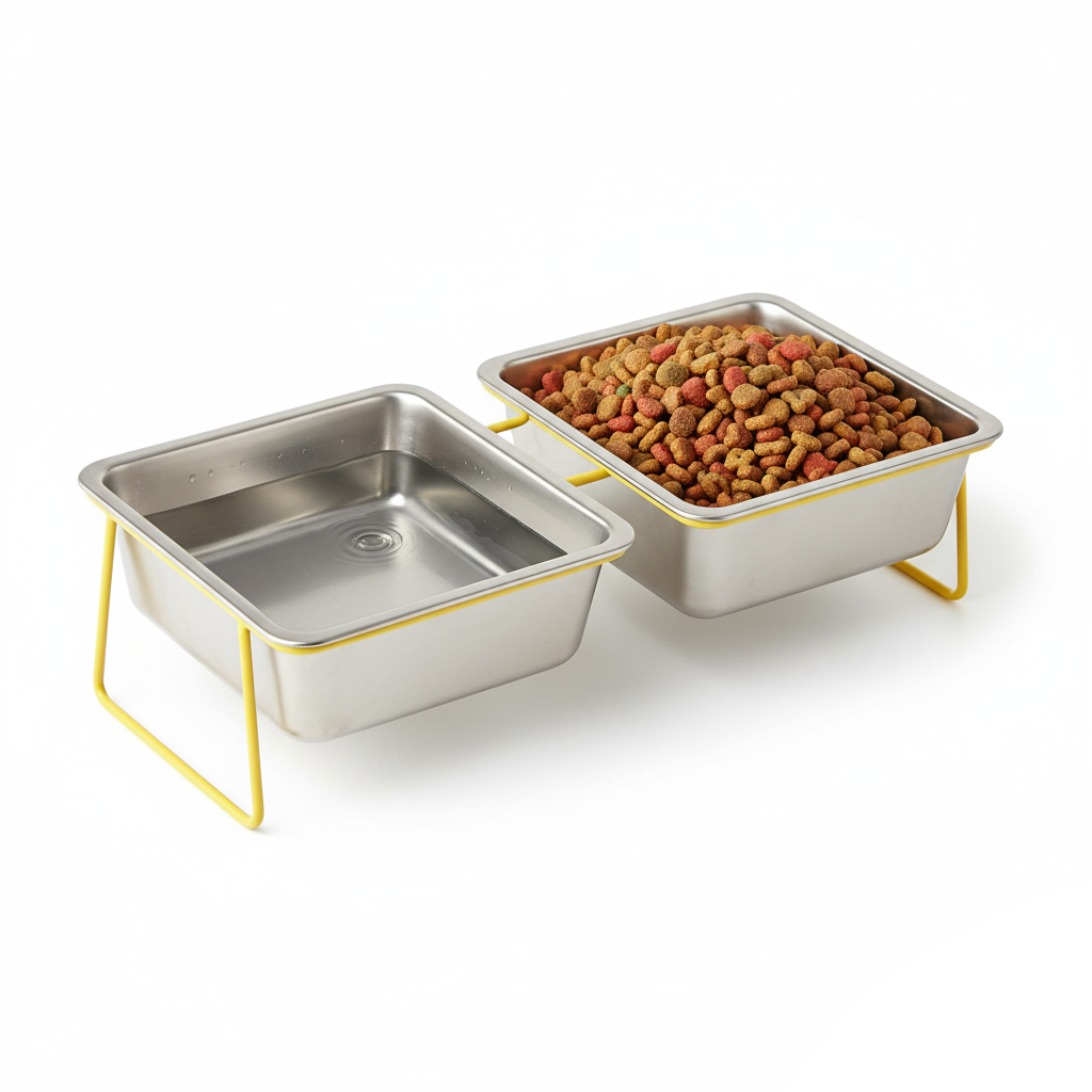Stainless steel double bowl for cats and dogs on a stand