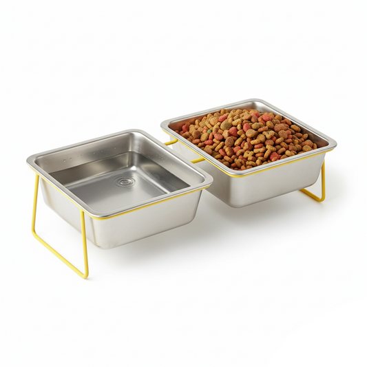 Stainless steel double bowl for cats and dogs on a stand