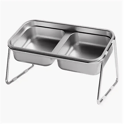 Stainless steel double bowl for cats and dogs on a stand