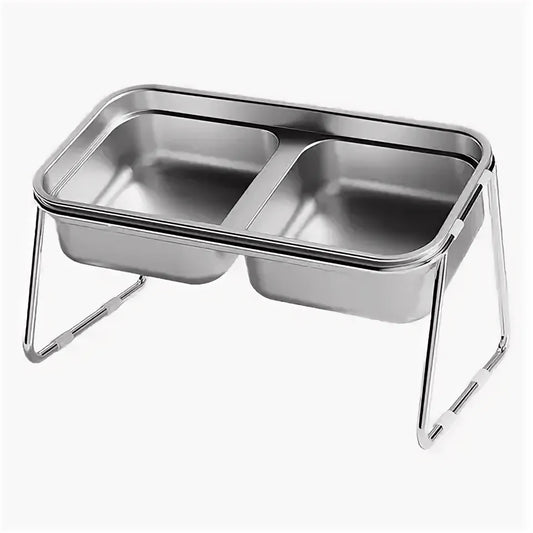 Stainless steel double bowl for cats and dogs on a stand