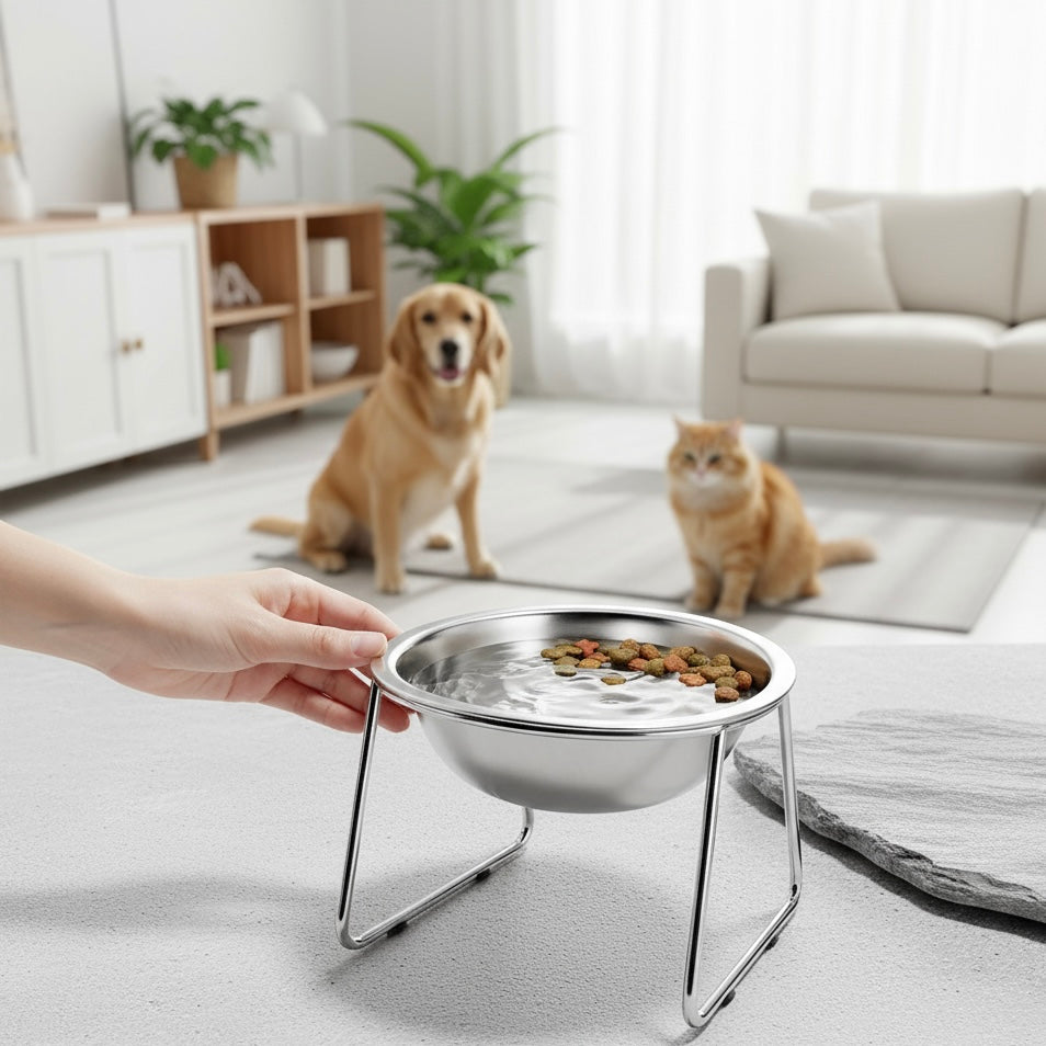 Stainless steel bowl for cats and dogs on a stand