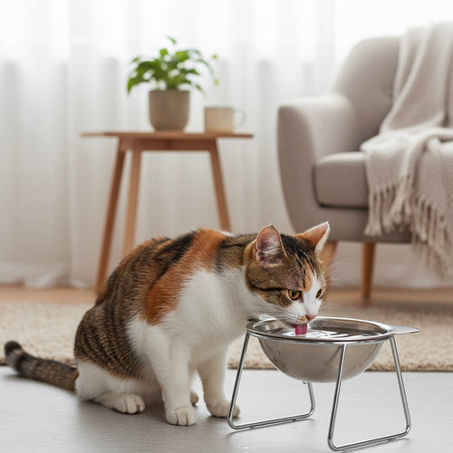 Stainless steel bowl for cats and dogs on a stand