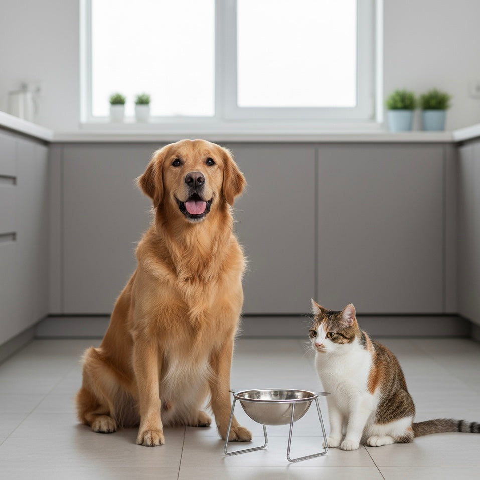 Stainless steel bowl for cats and dogs on a stand
