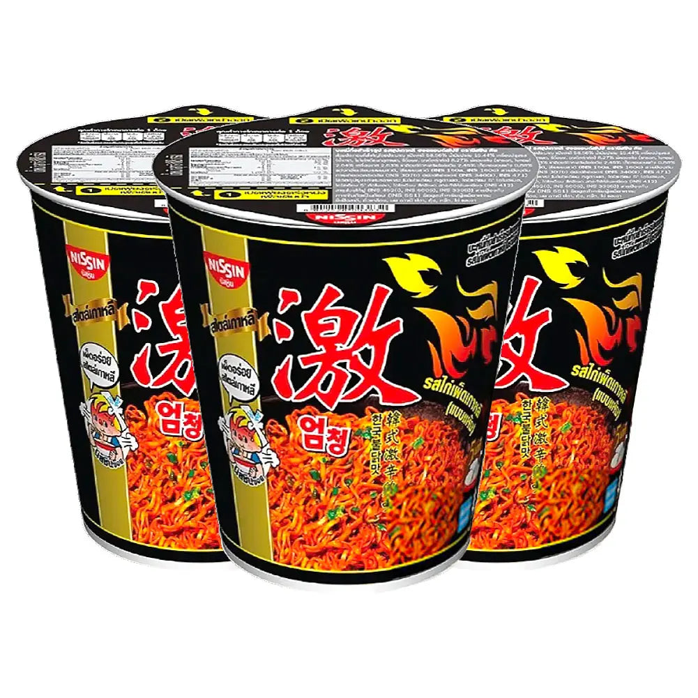 Nissin Cup Premium Korean Style Instant Noodles Dry Type Korean Hot Chili Chicken Flavour 71g (Pack of 3 pcs)