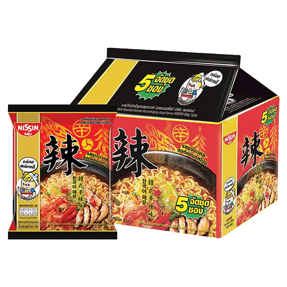 Nissin Instant Noodles Korean Hot and Spicy Soup Flavour Bag Type 60g (Pack of 5 pcs)